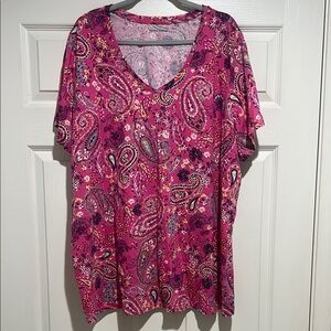 Woman Within Pink Pattern V-neck Shirt